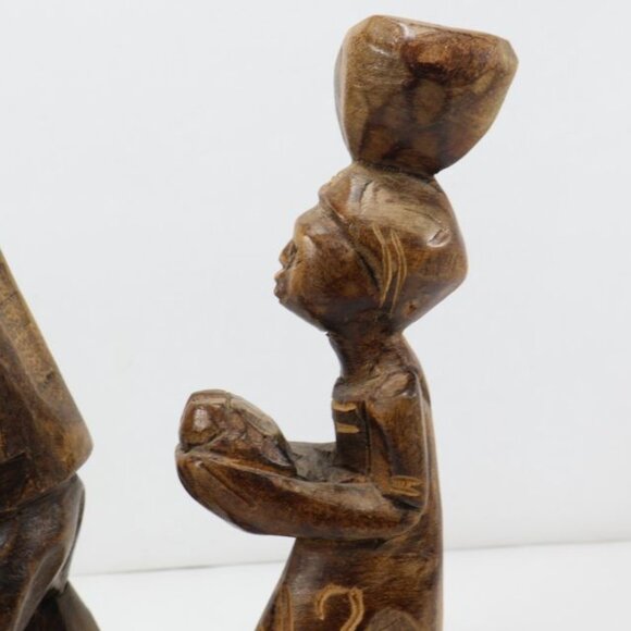 2 Vintage Primitive Figurines African Wood Carving Women Basket Tribal Folk Art - Picture 5 of 14